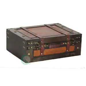 Vintiquewise Large Retro Decorative Wooden Chest - Leather Organiser Storage Box with Hinged Lid, Wedding Photo Prop, Dresser/Coffee Table Home Organizer