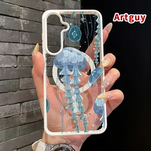 Magnetic Phone case for Samsung Galaxy S23 Ultra S24 Plus FE S25 S22+ Deep Sea Jellyfish Pattern Non-Yellowing Shockproof Soft Silicone Transparent Acrylic Cover Supports Wireless Charging