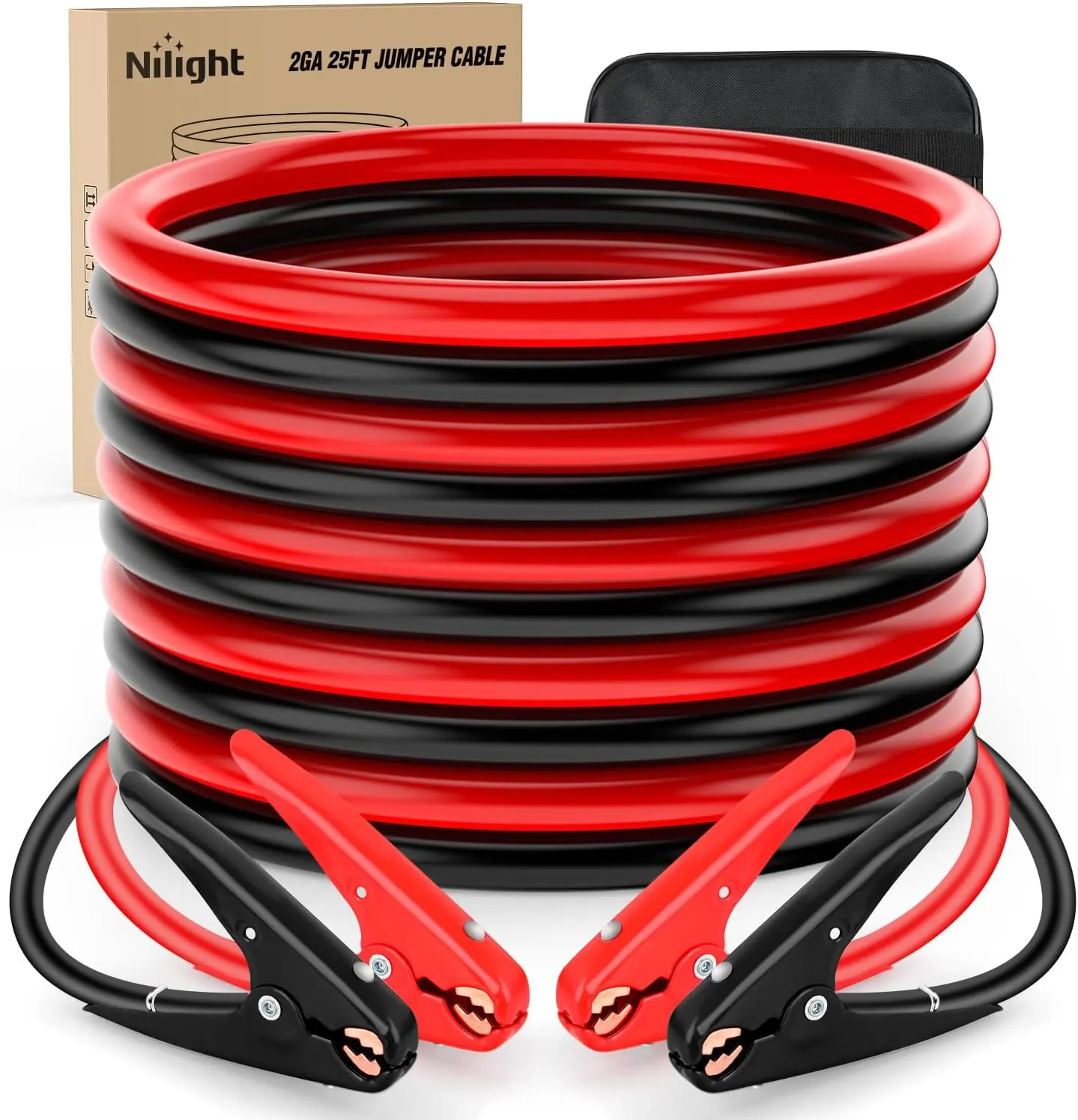 Nilight Heavy-Duty Jumper Cables - 2 Gauge 25 ft Tangle-Free, 800A Peak Power Booster Kit with CCA Copper Clad Aluminum, Premium Conductivity, PVC Clamps, Storage Bag, Gloves, Weather Resistant for Emergency Starts on Pickup Trucks, Mid-Size Cars