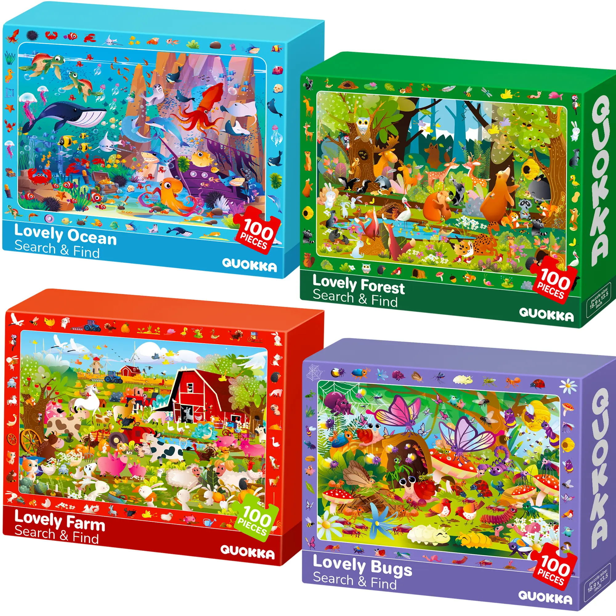 QUOKKA 4-Set 100-Piece Cardboard Kids' Puzzle Game - 18.8x13.4in Animal-Themed Toy, 4 Themes: Farm/Ocean, Toddler Learning Activities, Builds Spatial Reasoning, Family Night Tool, Kids Learning Materials, Focus-Boosting Hidden Items, Detailed Artwork Gift