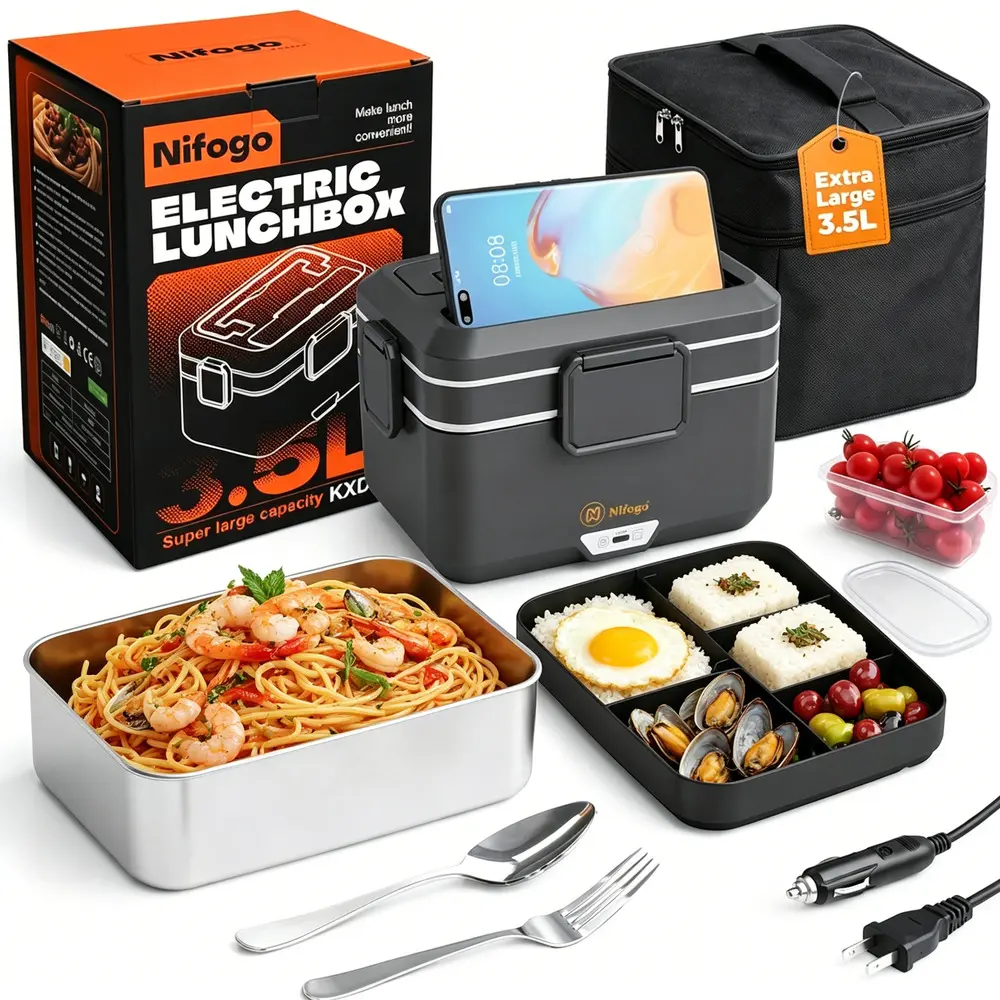 Universal 12V/24V/110V Portable Food Warmer Lunch Box 1.5/1.8/2.5/3.5L 80/100W, Stainless Steel Liner Workplace Self-Driving Tour