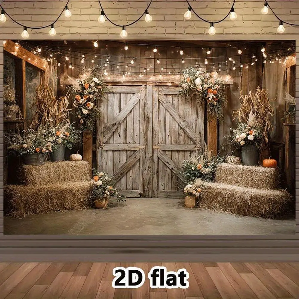 1pc 2D Flat Print Banner Rustic Farmhouse Backdrop, Wooden Barn Door Background with Hay Bales, Autumn Harvest Floral Decor, Country Wedding Party Photography Backdrop, Photo Booth Decoration