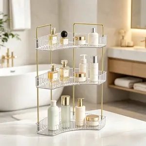 Space Saving Corner Organizer, 3 Tier Counter Storage Shelf, 90° Corner Clear Acrylic Detachable Rack with Gold Frame, For Small Apartment Users, Multi-Purpose Cosmetic Perfume Holder, Large Capacity Versatile Household Storage