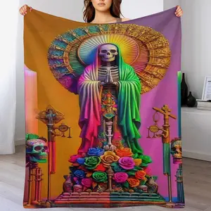Rainbow la gloria de la santa mierte Flannel Blanket  , Gothic Art Print ，Romantic Aesthetic Skeleton Blanket ,Soft Warm Skull Fleece for Camping, Travel, Sofa, Bed, Office  , Great Gift for  Birthdays & Holidays  Halloween ,Day of the Dead Decor