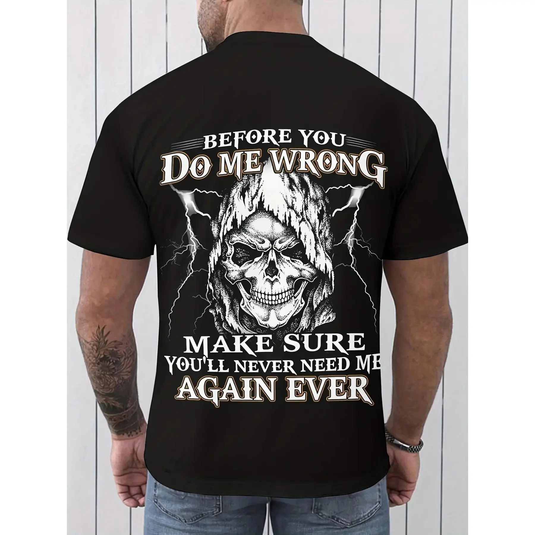 Men's Grim Reaper Skull 'Before You Do Wrong' Threatening Slogan Short Sleeve T-Shirt - Edgy Cotton Crew Neck Basic Fashion Streetwear Tee with Non-Fabric Detail, Casual Year-Round Statement Apparel, Plus Size, Shortsleeve, Tshirt