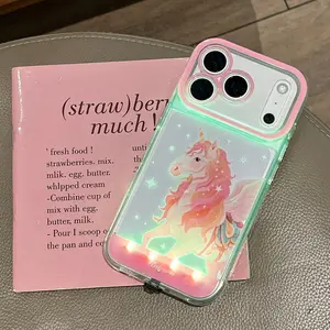Unicorn LED Light Hollow Cartoon Phone Case, Unique Call Glow Protective Cover, Couple Style, Girl Style Valentine's Day for iPhone X/XR/XS MAX/11/12/13/14/15/16/17 Pro/Plus/Pro Max