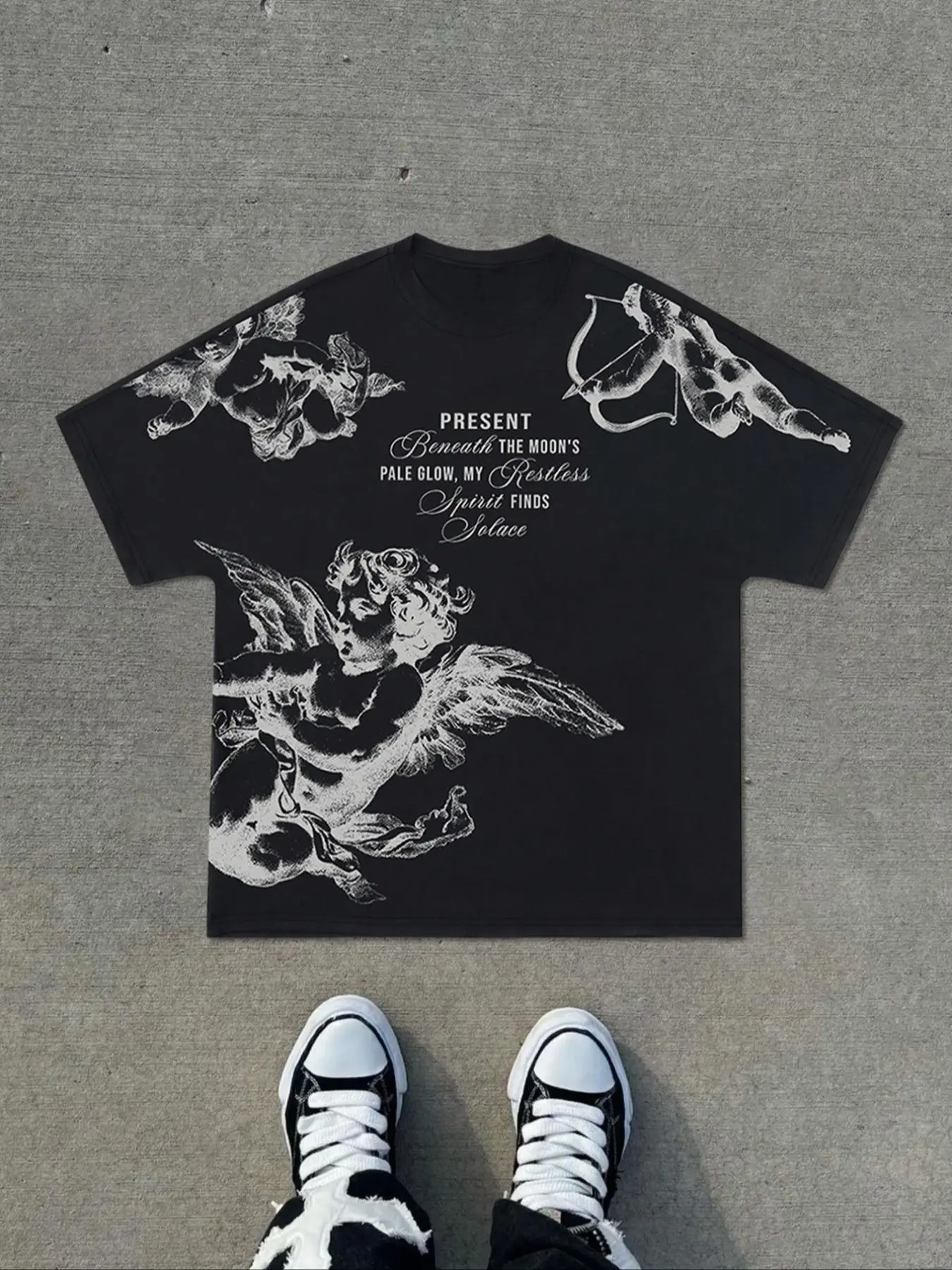 Men's Batwing Sleeve Knit Printed Graphic T-Shirt, Menswear, Angel Design, Casual American Street Style, Streetwear, Casual Streetwear Top, Fitted Short Sleeve Tee for Summer, Casual T Shirts