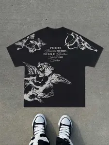 Men's Batwing Sleeve Knit Printed Graphic T-Shirt, Menswear, Angel Design, Casual American Street Style, Streetwear, Casual Streetwear Top, Fitted Short Sleeve Tee for Summer, Casual T Shirts
