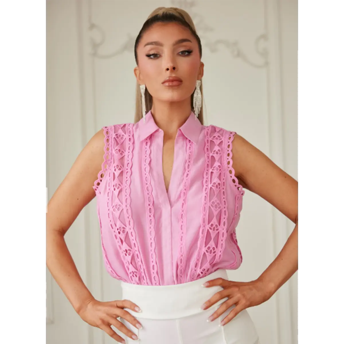 PATTERN DETAIL SLEEVELESS BODYSUIT - COLLAR / HALF SLIT / ZIPPER IN THE BACK
