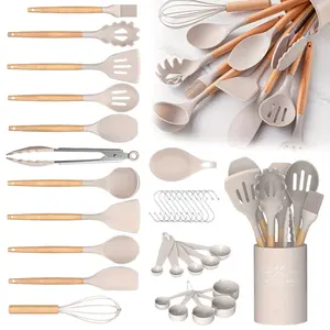 33PCS Silicone Kitchen Utensils Set Non-Stick Cooking Spatula with Holder Black Wooden Handle Food-Grade BPA-Free Tiktokshopspringglowup