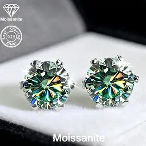 925 Sterling Silver Green Moissanite Stud Earrings, 1 Carat Round Brilliant Cut Green Moissanite Solitaire Earrings, Sparkling 6-Prong Setting Earrings, Ideal Gift for Her