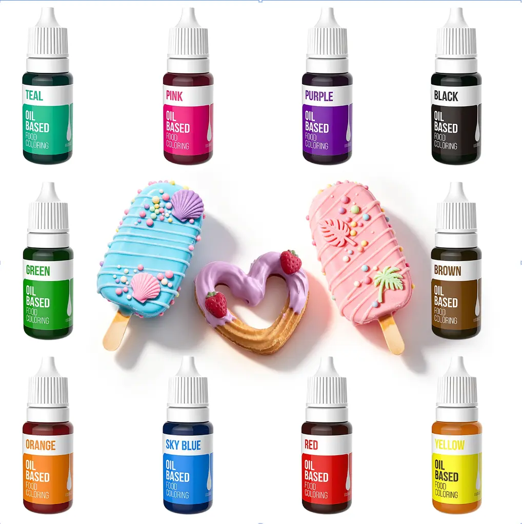 10-Pack Oil-Based Edible Dye Food Coloring (35 Fl Oz Each Bottle) for Baking - Christmas, Birthday Use on Chocolate, Candy Melts, Cake Decorating, Cookies, Icing, Fondant, Meringues, Nata, Bake