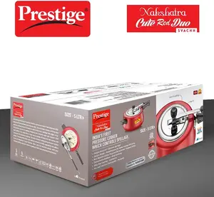 360 Stand Prestige PRNSVR5 Nakshatra Cute Duo Svachh Aluminum Inner Lid Pressure Cooker, 5L, Red, Spill-Proof, Wide Base Kitchenware Cookware
