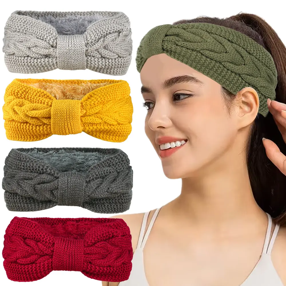 Women's 5-Piece Knotted Headband, Autumn Winter Plush Wool Knit Cross-Knot Elastic Sports Headbands, Ear Warmers Turban Head Cover, Headbands Women