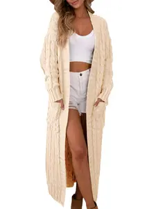 Womens Open Front Long Cardigan Oversized Long Sleeve Loose Cable Knit Chunky Fall Sweater Coat with Pockets
