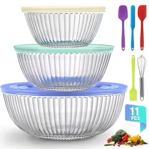 glass mixing bowls set with lids, 3 sizes nesting prep bowls for baking, serving and kitchen storage