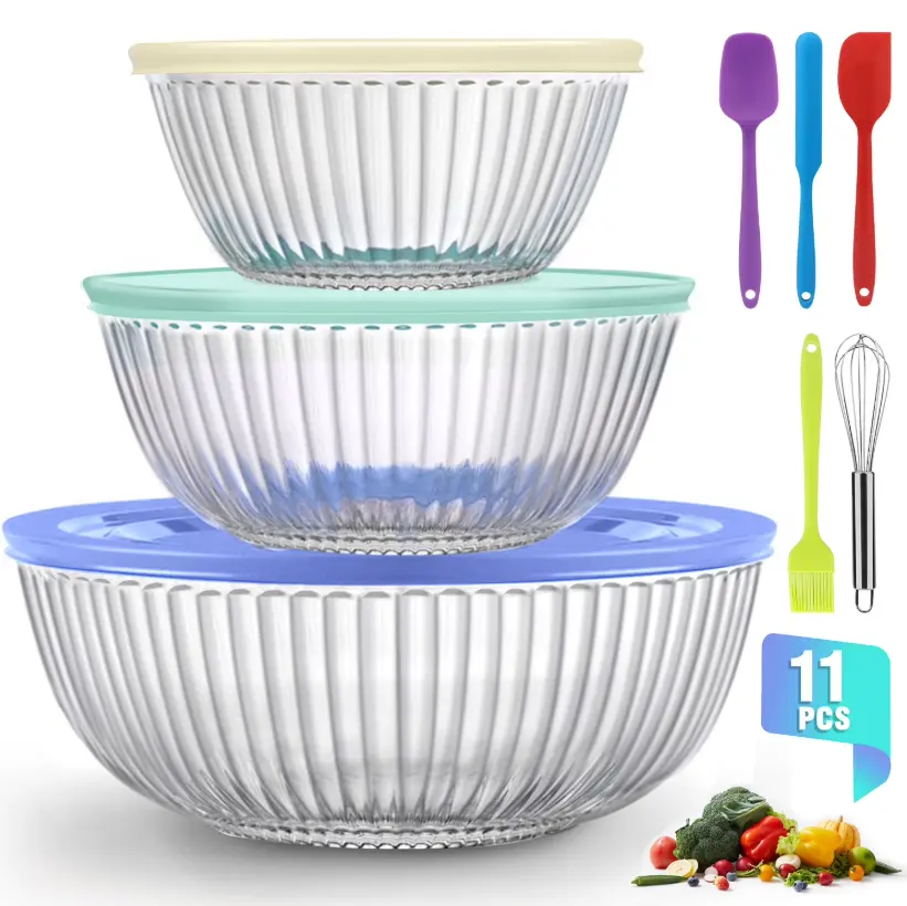 glass mixing bowls set with lids, 3 sizes nesting prep bowls for baking, serving and kitchen storage