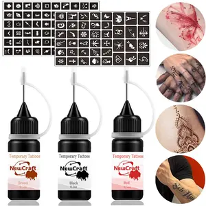Temporary Tattoo Art Ink Kit for Women Men Kids, Semi Permanent Ink Trend Art Painting DIY Fake Freckles 102 Pcs Stencils Full Kit 3 Bottle Colors (Black+Red+Brown)