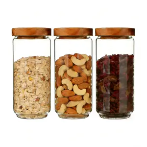 3-Piece 34 fl oz Clear Borosilicate Glass Food Storage Jars, Set of 3 Airtight Acacia Wood Lids with Silicone Seal, Food Safe BPA-Free Kitchen Containers for Pantry Organization, Flour, Pasta, Beans, Cereal & Snacks | Kitchen Decor | Meal Prep