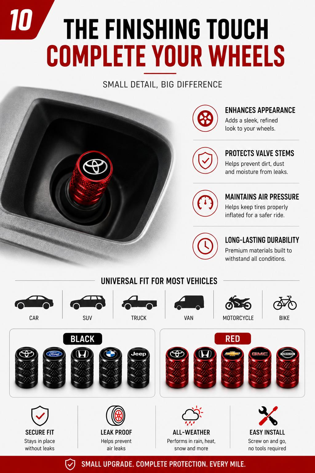 5Pcs Premium Universal Tire Valve Stem Caps with Logo, Leakproof Corrosion Resistant Wheel Air Valve Dust Covers, Easy Install Waterproof Dustproof Tire Valve Protectors Fit for Most Car Truck SUV Sedan Pickup Auto Exterior Accessories