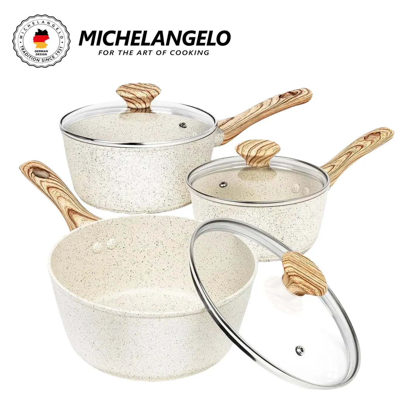 MICHELANGELO Nonstick Saucepan Set with Glass Lids, 1.5QT, 2QT & 3QT Sauce Pans