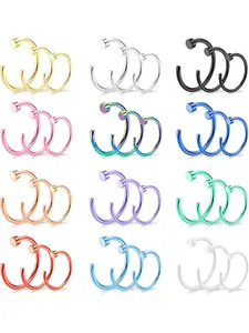 18/20/22G 36PCS 316L Stainless Steel Nose Rings Hoops Nose Piercing Jewelry for Women Men Colored Hoop Nose Ring 6mm 8mm 10mm 12mm Body Piercings Set Nose Piercings Kit