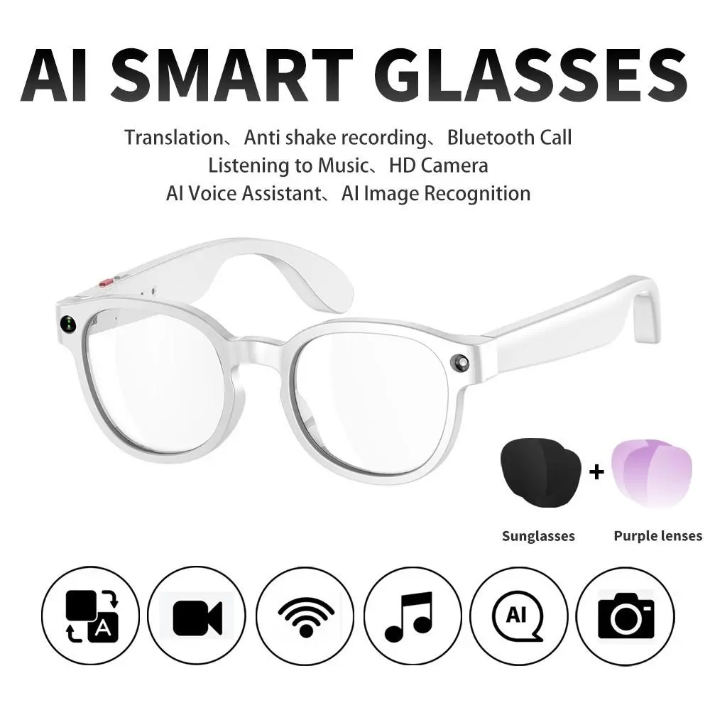 AI Multifunctional Smart Recording Glasses with 3 Lenses - Wireless Recording, HD Calls, Music Playback, Real-Time Translation, Image Recognition Wearable Device for Daily Use