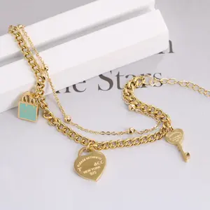 TC Classic Titanium Steel 18k Gold Blue Oil Drop Small Heart Key Double Layer Bracelet for Women Socialite Lady Style