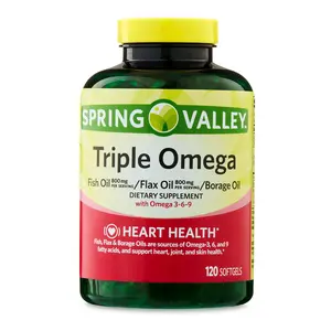 Spring Valley Triple Omega Fish 800mg, Flax 800mg & Borage Oil Softgels - Heart Health Supplement, 120 Count - Healthcare Dietary Product Fitness