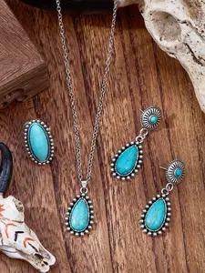 Vintage Rustic Western Cowboy Style Western Theme Tourmaline Teardrop Shape Jewelry Set, Includes Necklace, Ring, Earrings, Perfect Gift for Women, Gift Ready