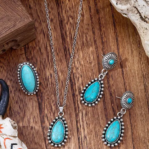 Vintage Rustic Western Cowboy Style Adventurous Western Theme Unique Tourmaline Teardrop Shape Jewelry Set, Includes Necklace, Ring, Earrings, Perfect Gift for Women, Gift Ready, Jewelry Accessories