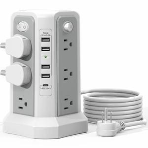 2500w usb c port power board tower power strip, fireproofing surge protector devices with 12 ac sockets & 5 usb charging ports & 10ft extension cable, accessories for home office dormitory, men's gadgets