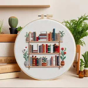 Beginner Embroidery Kit, Elegant Cross Stitch Set, Bookshelf Design, DIY Embroidery Supplies, Includes Printed Cotton Fabric, Thread, Needle, Embroidery Craft, DIY Kits