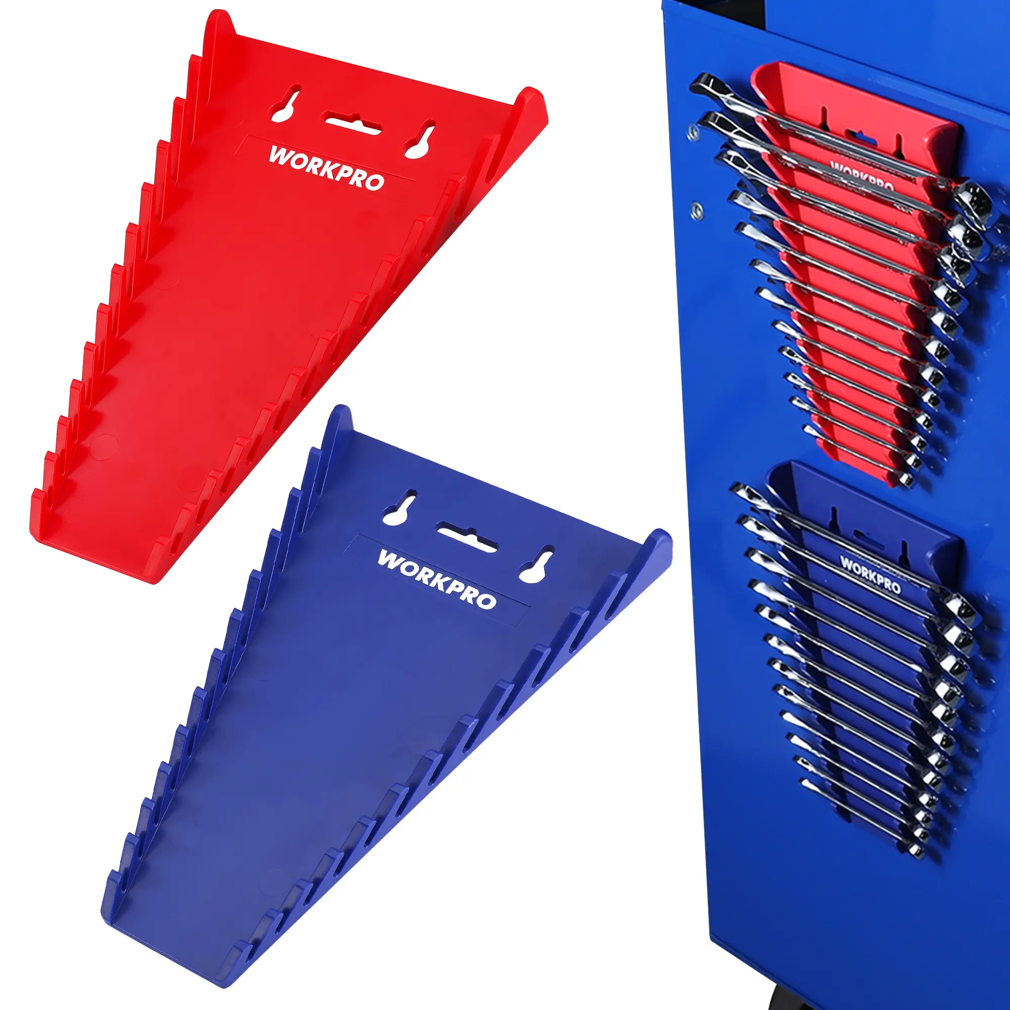 #summersale WORKPRO Magnetic Wrench Organizer, Gripper Wrench Holder for Tool Boxes, Flexible Gripping Teeth and Carrying Handle, Fit for SAE and Metric, Blue, Red
