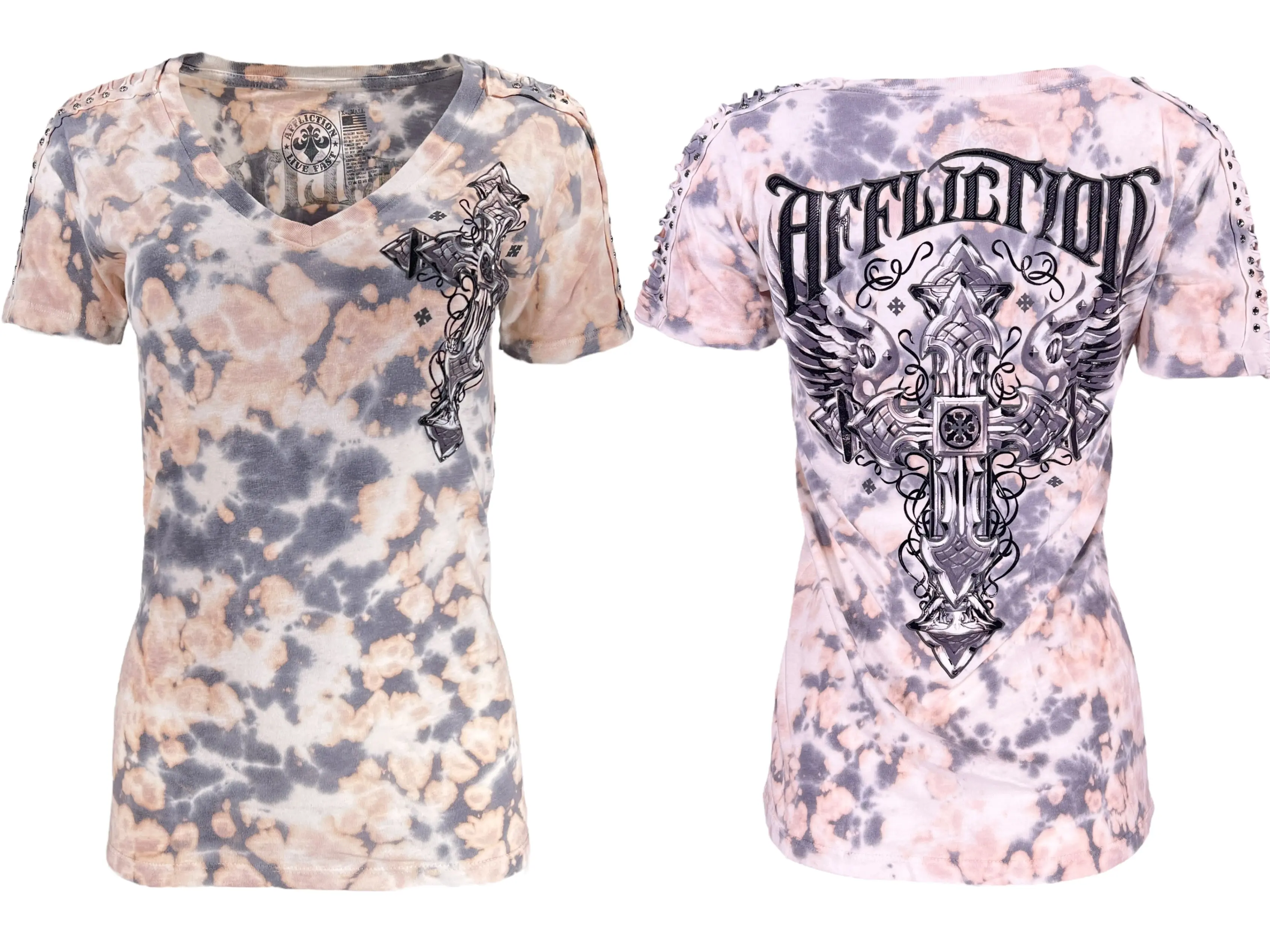 Affliction Women's Venetian Fleet Angel Fitted V-Neck Cut Tee, Gothic Cotton Short-Sleeve Granite Wash Tops with Rhinestone Accents, Fashion Alt Biker Casual Pull-On Shirt, XS
