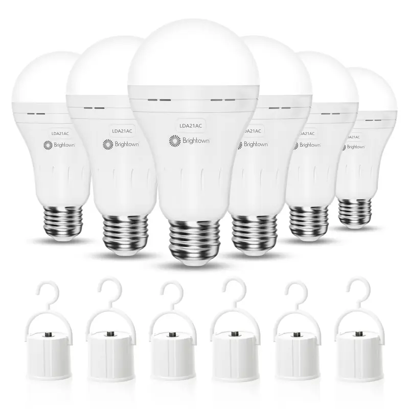 Brightown 6 Pack Rechargeable Emergency Light Bulbs A21 6500K Daylight. E26 120 Volt, 7W (60W Equivalent), Built-in 1200mAh Battery. Ideal for Home Lighting, Table Lamps, Power Outages, Camping, and Hurricane Preparedness.