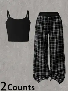 Women's Casual Strappy Top & Plaid Patchwork Pants Set, Comfortable Loose Fit, Fashionable Two-Piece Suit for All Seasons