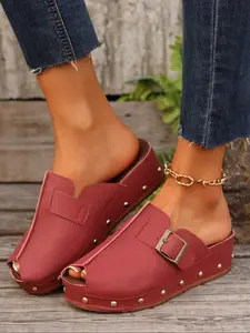 New Spring Summer 2026 Thick Sole Fish Mouth Buckle Sandals, Casual Medium Heel Large Size Studded Lightweight Slippers Footwear Women Shoe