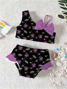 Girls' Bow Detail Swimsuit Set, Colorful Star Cartoon Print, Two-Piece Bow Hem Design, Perfect for Summer Beach Vacation Outing Swimming Suit Swimwear Set