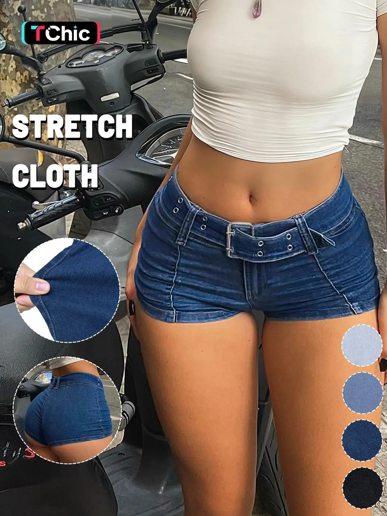 GILIPUR Women's Low-Rise Skinny Fit Denim Mini Shorts with Belted Buckle Design, Stretchy Casual Summer Pants #TChic