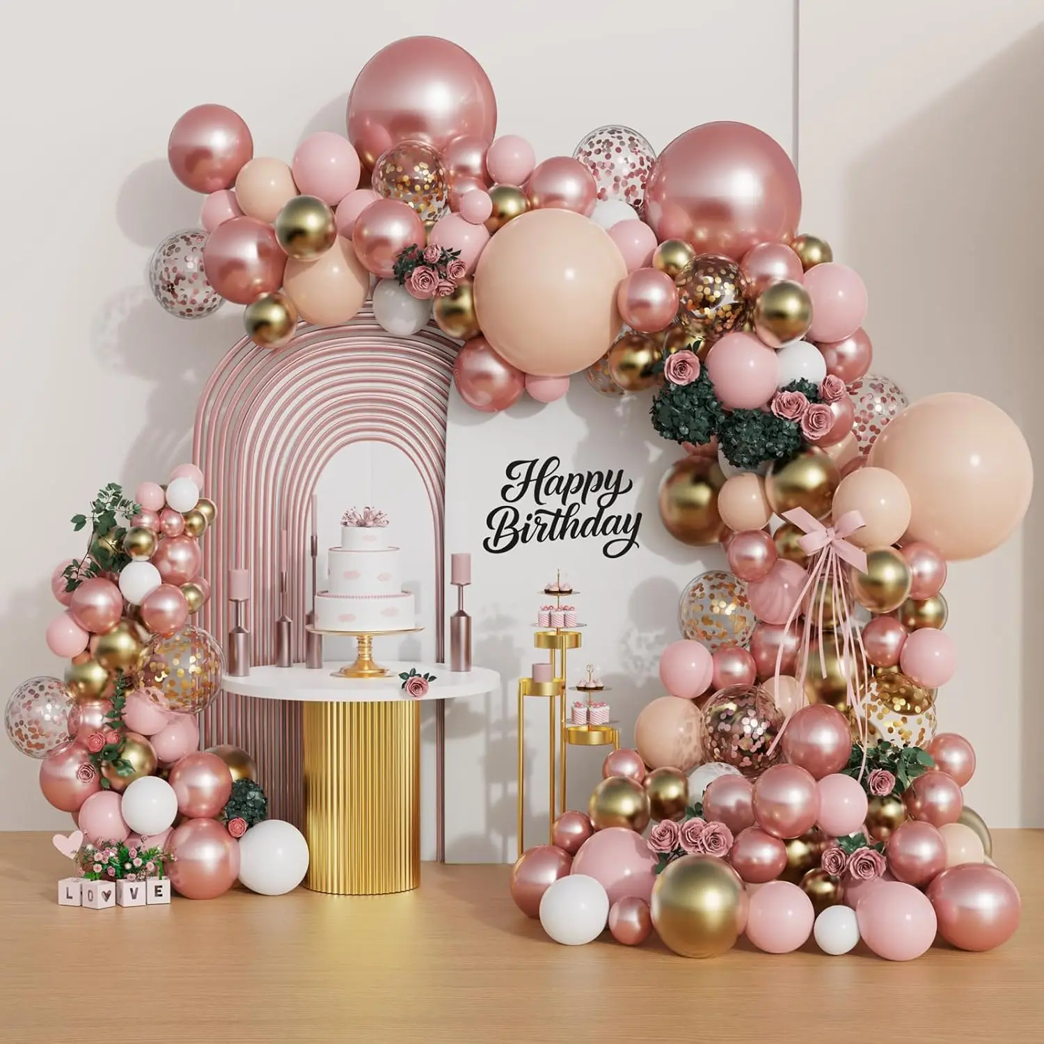 142PCS Rose Gold Balloon Arch Kit with Nude, Pink, Gold & Confetti Balloons for Bridal & Birthday Decor