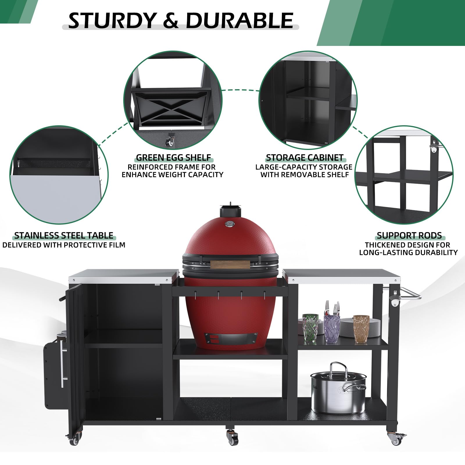 YODOLLA Outdoor Grill Table for Big Green Egg, 69.7" Stainless Steel Grill Cart with Cabinet & Shelves, Heavy Duty 920LBS Outdoor Kitchen Island, Compatible with Large Big Green Egg, Kamado Joe Classic