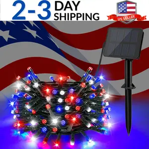 40FT 100LED Red White Blue Solar String Lights, 8 Modes Waterproof Outdoor Fairy Lights, Independence Day 4th of July Patriotic Decor for Garden Patio Yard Party Home Decoration
