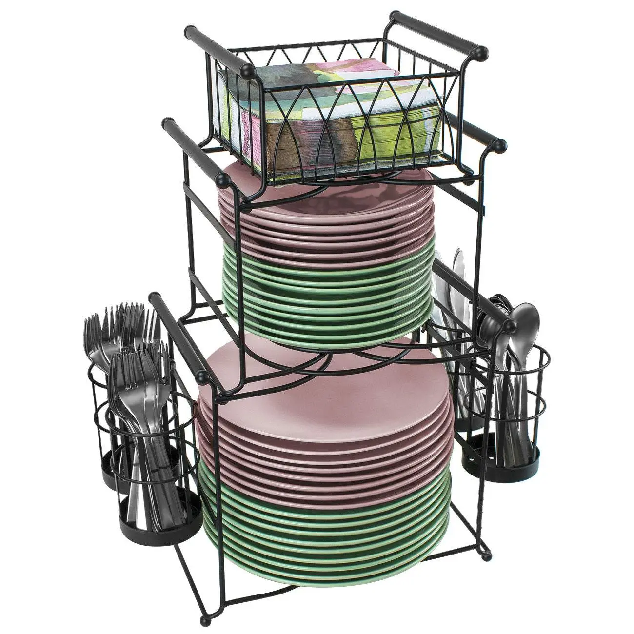 Stackable Buffet Caddy (7-Piece) - Versatile Organiser with Bottom and Middle Tiers for Plates and Side Holders for Flatware Gift Racks Kitchen Organization
