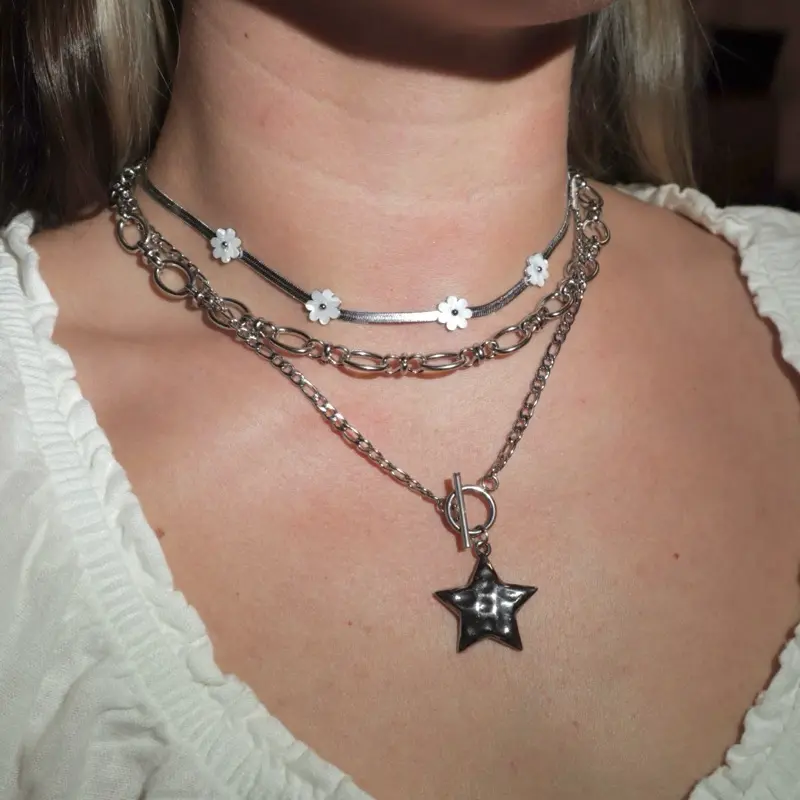 Floral Herringbone Necklace Stainless Steel+Stainless steel necklace+ waterproof necklace + white flower necklace + layering necklace