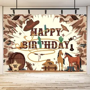2D Flat Cowboy Birthday Party Banner, Colorful Polyester Fabric with Cowboy Hat and Happy Birthday Design, Perfect Room Wall Decoration and Party Supplies