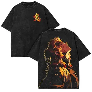 Trending Rengoku Kyojuro Demon Slayer soft Oversized acid Washed Anime Graphic Tee- Unisex Cotton Short Sleeve Casual T-Shirt - Lightweight Crewneck Menswear Y2K Streetwear Top