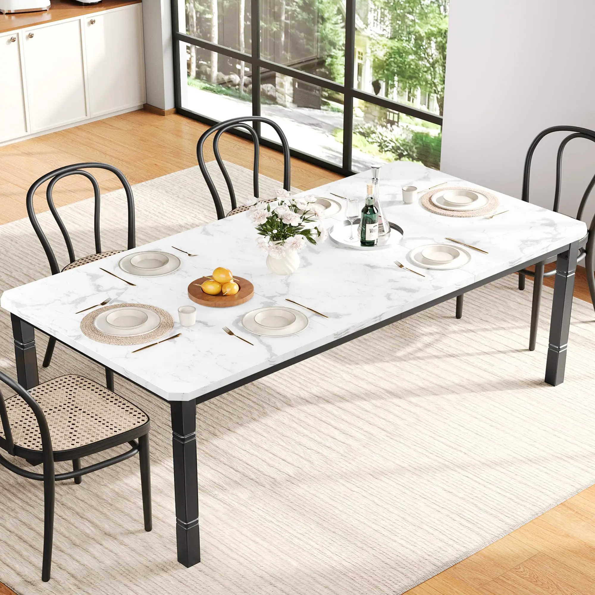 Garvee Industrial Dining Table, 70-79 Inches, Seats 6-8, Heavy-Duty Metal Legs, Chamfered Corners, Rustic Modern Farmhouse Style, Easy Assembly, Ideal for Dining Room, Kitchen, Living Room