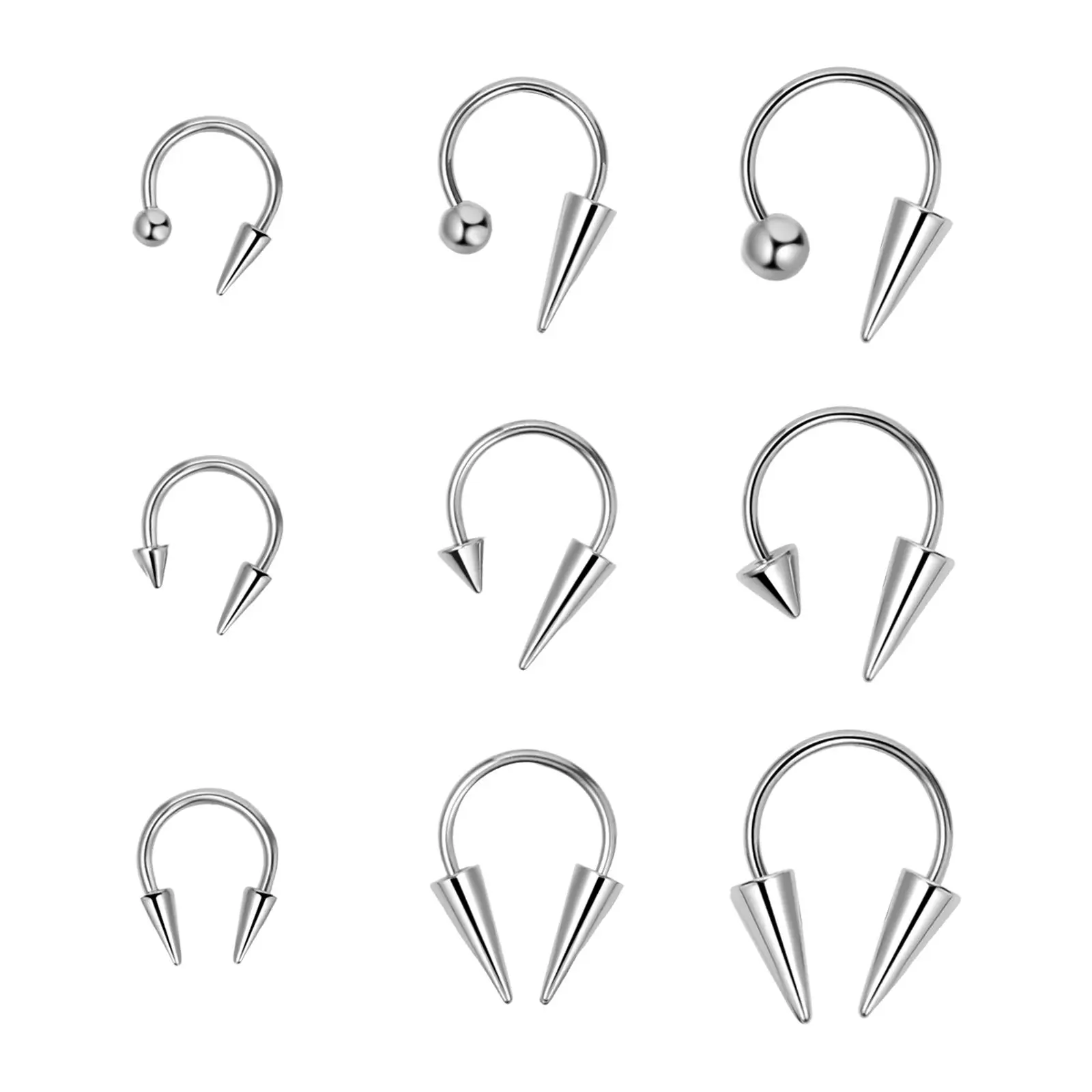 OIDEA 9PCS 16G (1.2mm) Solid Metal Spike-End Horseshoe Lip Rings, Unisex Multi-Size Circular Barbells with Secure Fit for Lip Snake Bite, Helix Piercings, Everyday Wear, Body Jewelry Set, Stainless Steel Jewelry