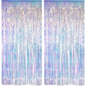 Iridescent Party Streamers Backdrop-Neon Transparent Holographic Tinsel Foil Fringe Curtain for Mermaid, Frozen, Sea, Euphoria, ERAS Party Theme Decorations - 2 PCS
